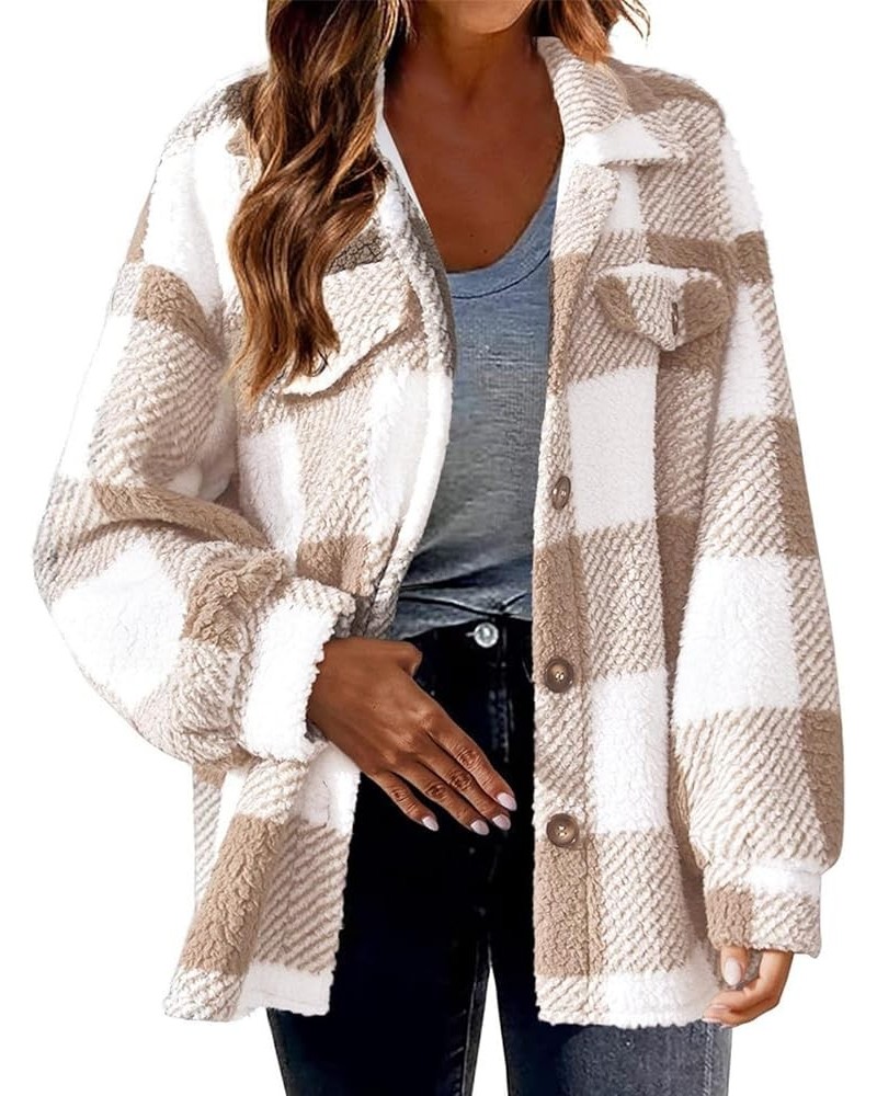 Women's Fleece Plaid Jacket Coats Trendy Open Front Long Sleeve Shacket Jackets Casual Fuzzy Cardigan Sherpa Outwear Plaid Sh...