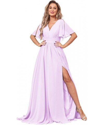 Women's Flutter Sleeve V Neck Bridesmaid Dresses with Pockets Long Empire Waist Split Formal Dress YG236 Lilac $30.79 Dresses