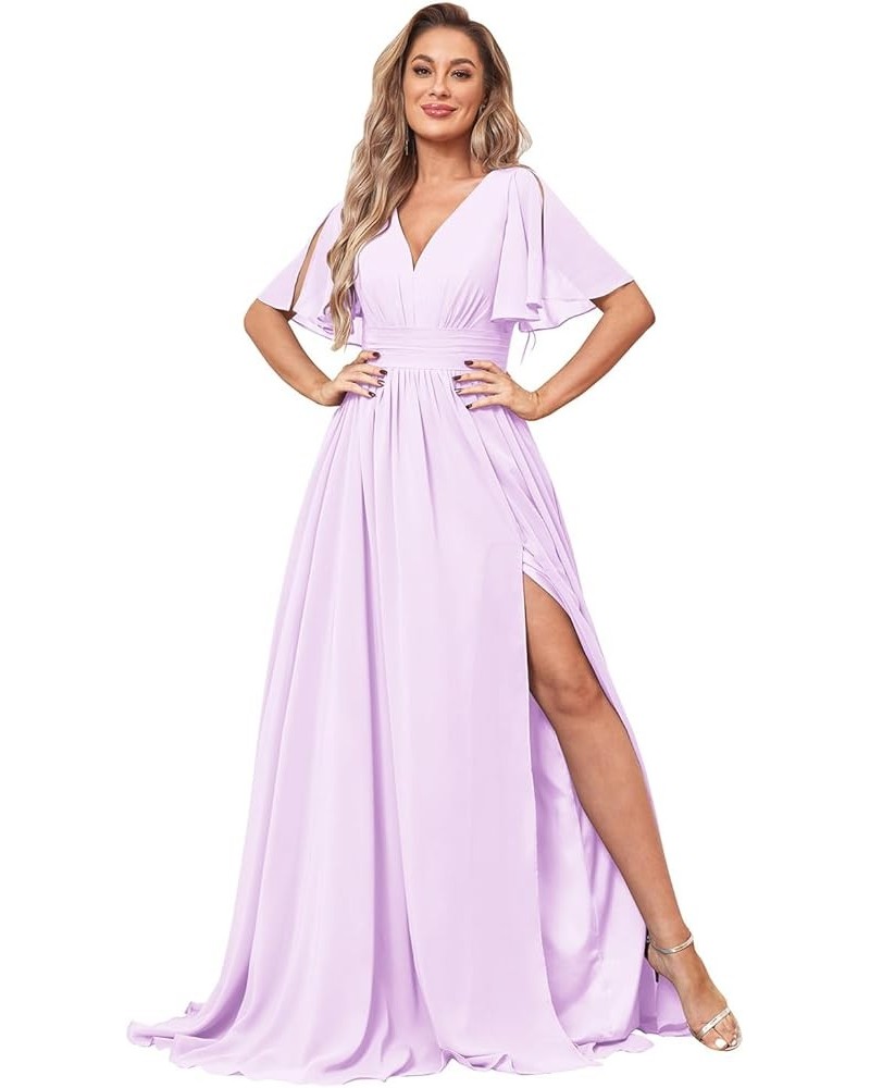 Women's Flutter Sleeve V Neck Bridesmaid Dresses with Pockets Long Empire Waist Split Formal Dress YG236 Lilac $30.79 Dresses