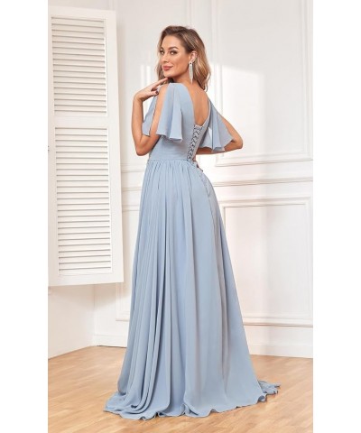 Women's Flutter Sleeve V Neck Bridesmaid Dresses with Pockets Long Empire Waist Split Formal Dress YG236 Lilac $30.79 Dresses