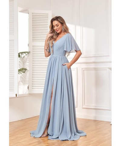 Women's Flutter Sleeve V Neck Bridesmaid Dresses with Pockets Long Empire Waist Split Formal Dress YG236 Lilac $30.79 Dresses