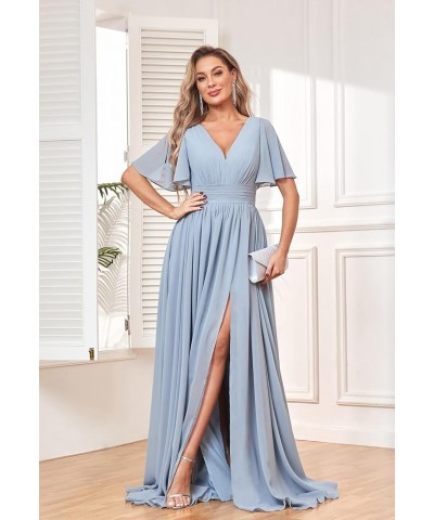 Women's Flutter Sleeve V Neck Bridesmaid Dresses with Pockets Long Empire Waist Split Formal Dress YG236 Lilac $30.79 Dresses