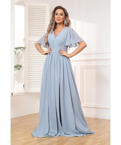 Women's Flutter Sleeve V Neck Bridesmaid Dresses with Pockets Long Empire Waist Split Formal Dress YG236 Lilac $30.79 Dresses