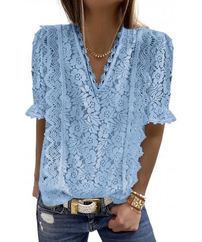 Women's V Neck Lace Crochet Boho Tops Flowy Casual Blouses Shirts D Blue $16.80 Blouses