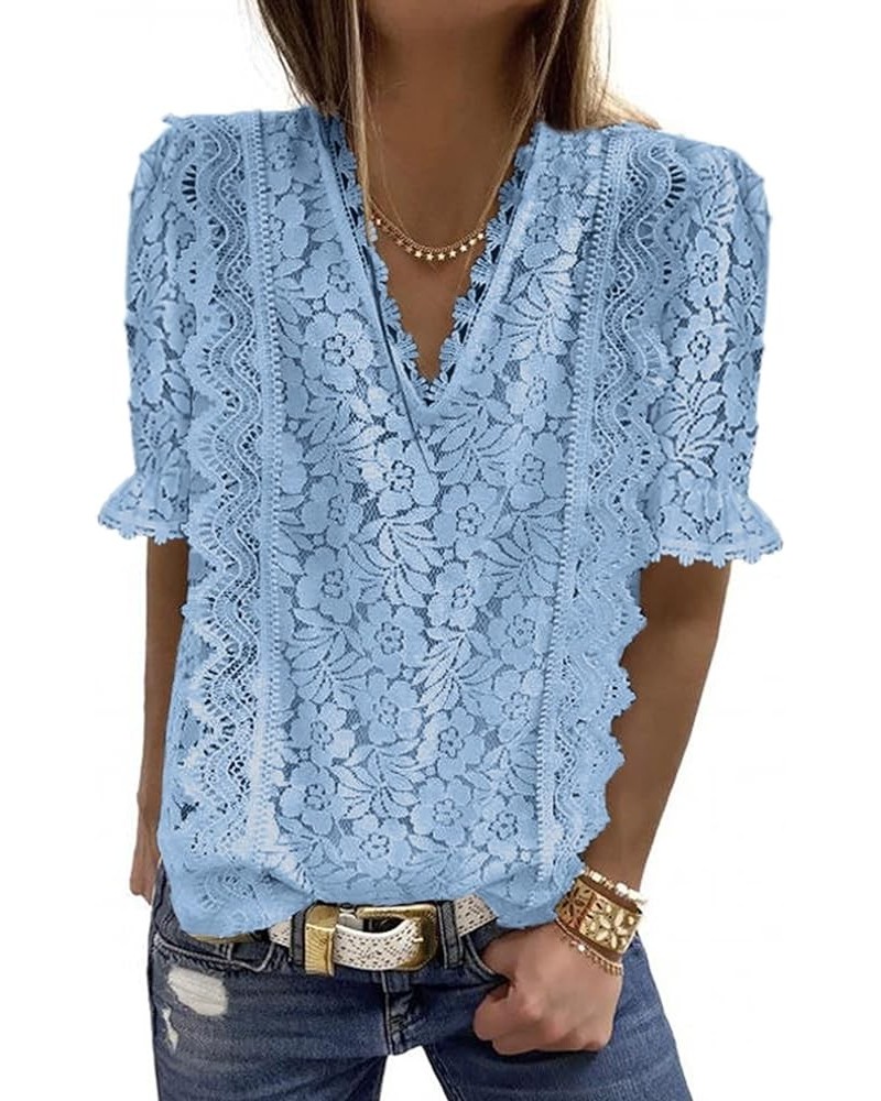 Women's V Neck Lace Crochet Boho Tops Flowy Casual Blouses Shirts D Blue $16.80 Blouses