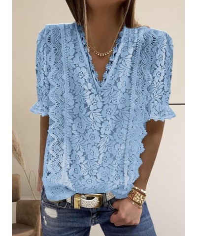 Women's V Neck Lace Crochet Boho Tops Flowy Casual Blouses Shirts D Blue $16.80 Blouses