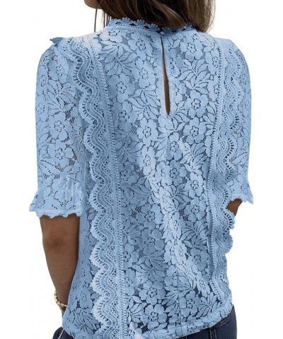 Women's V Neck Lace Crochet Boho Tops Flowy Casual Blouses Shirts D Blue $16.80 Blouses