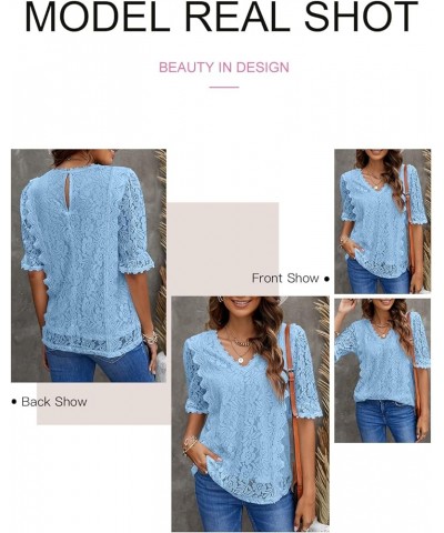 Women's V Neck Lace Crochet Boho Tops Flowy Casual Blouses Shirts D Blue $16.80 Blouses