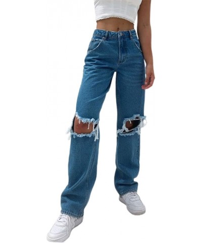 Baggy Ripped Jeans for Teen Girls Women High Waisted Wide Leg Straight Denim Streetwear Fashion Pants Dark Blue $14.49 Others