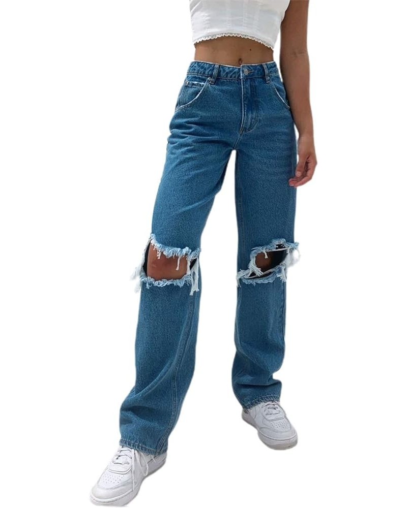 Baggy Ripped Jeans for Teen Girls Women High Waisted Wide Leg Straight Denim Streetwear Fashion Pants Dark Blue $14.49 Others