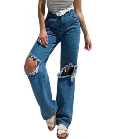 Baggy Ripped Jeans for Teen Girls Women High Waisted Wide Leg Straight Denim Streetwear Fashion Pants Dark Blue $14.49 Others