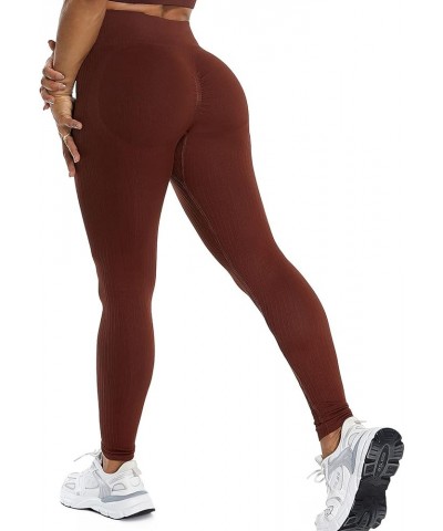 Women High Waisted Seamless Leggings Smile Contour Workout Gym Yoga Pants Tights E Ribbed Brown $12.99 Leggings