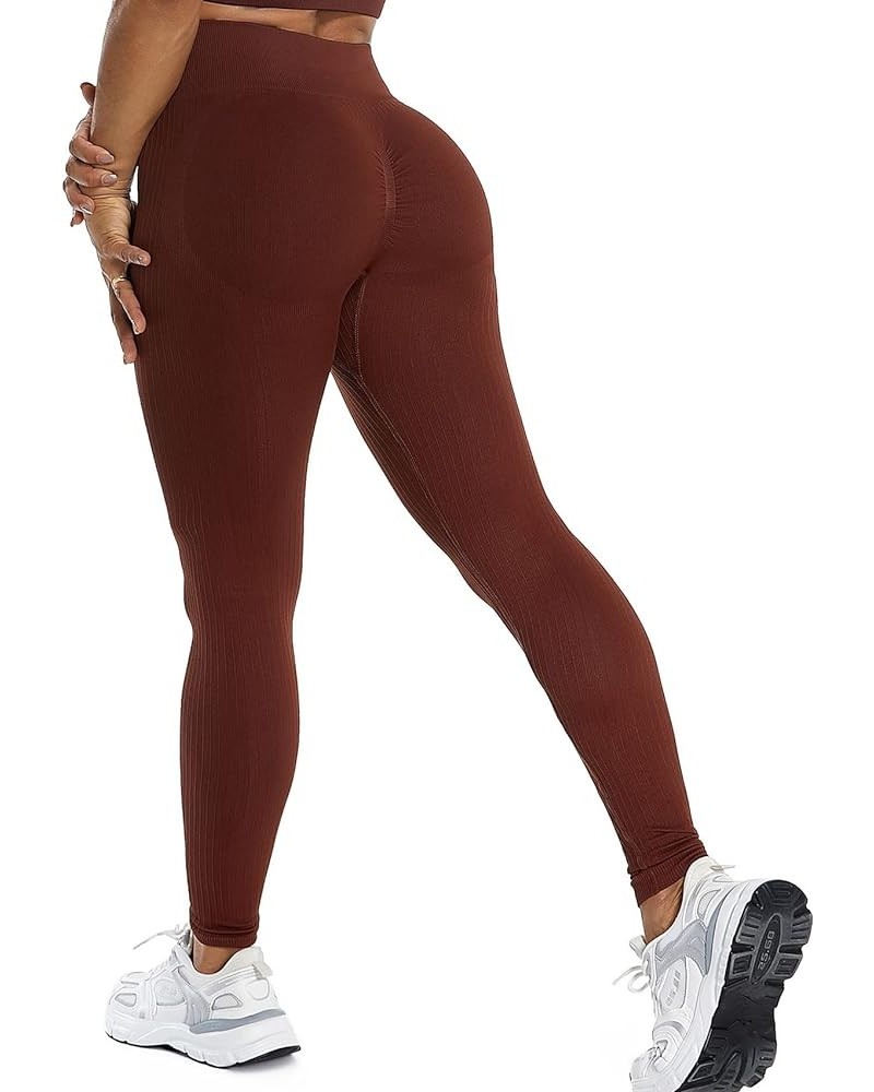 Women High Waisted Seamless Leggings Smile Contour Workout Gym Yoga Pants Tights E Ribbed Brown $12.99 Leggings