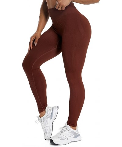 Women High Waisted Seamless Leggings Smile Contour Workout Gym Yoga Pants Tights E Ribbed Brown $12.99 Leggings