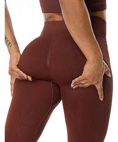 Women High Waisted Seamless Leggings Smile Contour Workout Gym Yoga Pants Tights E Ribbed Brown $12.99 Leggings