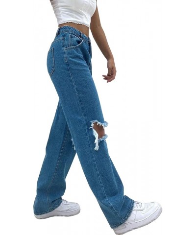 Baggy Ripped Jeans for Teen Girls Women High Waisted Wide Leg Straight Denim Streetwear Fashion Pants Dark Blue $14.49 Others