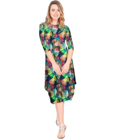 Women's Modest Casual 3-4 Sleeve Flare and Drape Jersey Shift Midi Dress Leaf Tapestry $30.32 Dresses