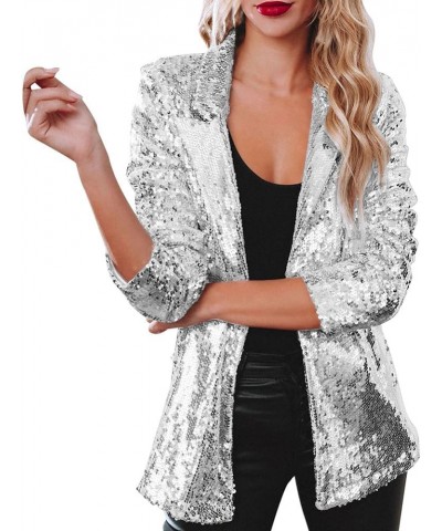 Womens Sequin Blazer Jacket Open Front Long Sleeve Sparkly Glitter Party Cardigan Coat Black $20.15 Blazers