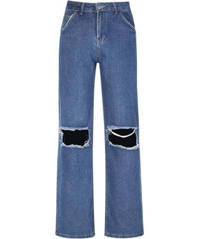 Baggy Ripped Jeans for Teen Girls Women High Waisted Wide Leg Straight Denim Streetwear Fashion Pants Dark Blue $14.49 Others