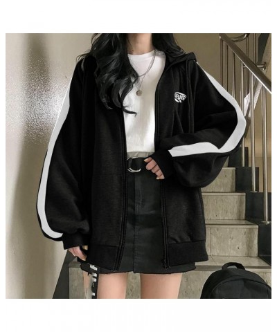 Women Oversized Hooded Sweatshirt Zip Up Y2K Solid Color Long Sleeve Casual outwear for Teen Girls Aesthetic Clothes Black $9...