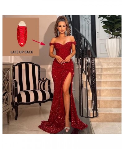 Women's Off Shoulder Mermaid Prom Dresses 2024 Long Sequin Formal Evening Gowns with Slit Royal Blue $45.36 Dresses