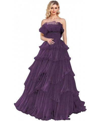 Strapless Ruffles Prom Dresses Long Tiered Tulle Ball Gown Princess Formal Evening Gowns for Women Grape $43.20 Dresses