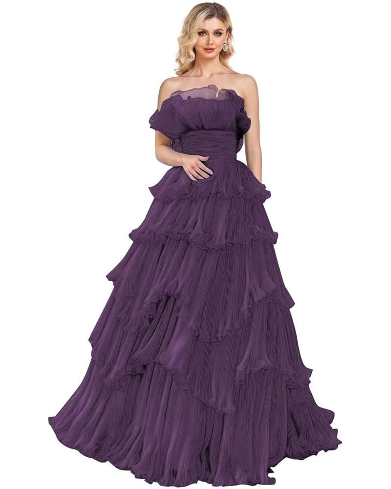 Strapless Ruffles Prom Dresses Long Tiered Tulle Ball Gown Princess Formal Evening Gowns for Women Grape $43.20 Dresses