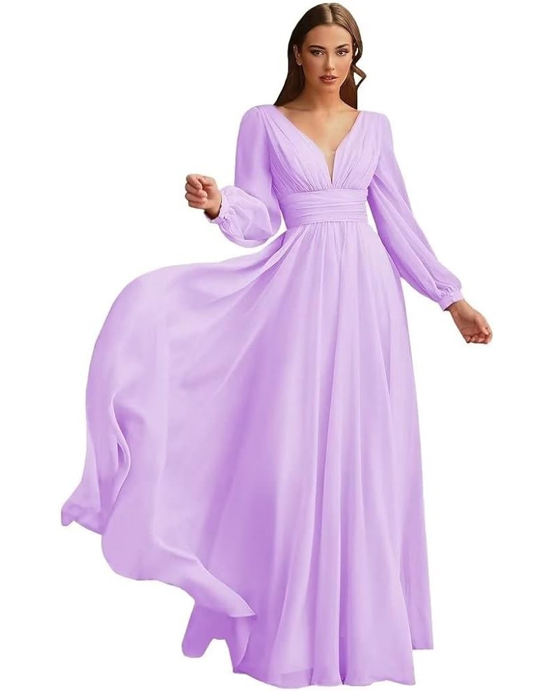 Long V-Neck Chiffon Bridesmaid Dresses with Pockets Long Sleeves Formal Dresses A-line Pleated Party Dress Lilac $26.46 Dresses