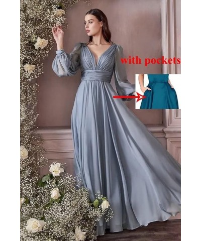 Long V-Neck Chiffon Bridesmaid Dresses with Pockets Long Sleeves Formal Dresses A-line Pleated Party Dress Lilac $26.46 Dresses