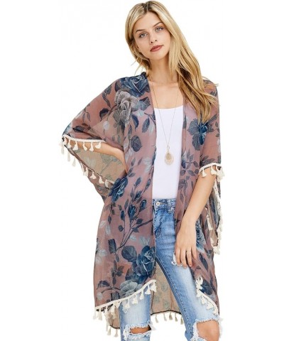 Lightweight Open Shawl Cardigan - Kimono Kaftan Poncho, Sheer Beach Swim Cover-Up Vest Floral Tassel, Tropical Leaf Print Eng...