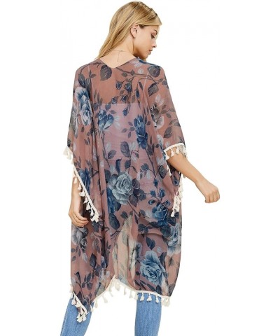 Lightweight Open Shawl Cardigan - Kimono Kaftan Poncho, Sheer Beach Swim Cover-Up Vest Floral Tassel, Tropical Leaf Print Eng...