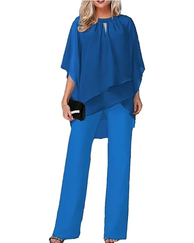 Women 2 Pieces Elegant Chiffon Pantsuits Half Sleeve Mother of The Bride Pant Suits Wedding Guest Sets Blue $24.74 Suits