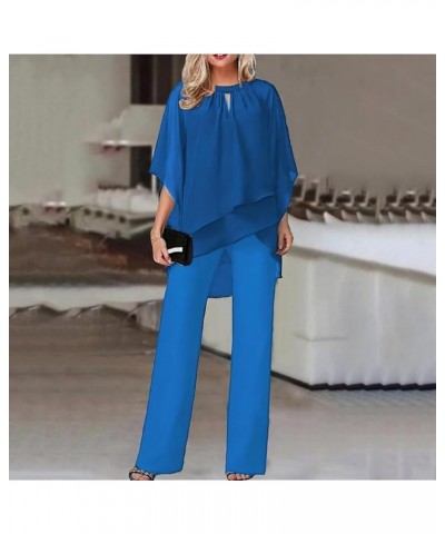 Women 2 Pieces Elegant Chiffon Pantsuits Half Sleeve Mother of The Bride Pant Suits Wedding Guest Sets Blue $24.74 Suits