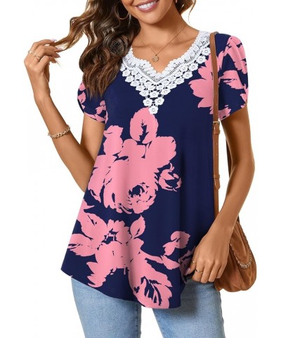 Women Summer Tunic Tops Short Sleeve T-Shirt V-Neck Crochet Lace Blouses Casual Pleated Pullover Rose Silhouette $13.24 Tops