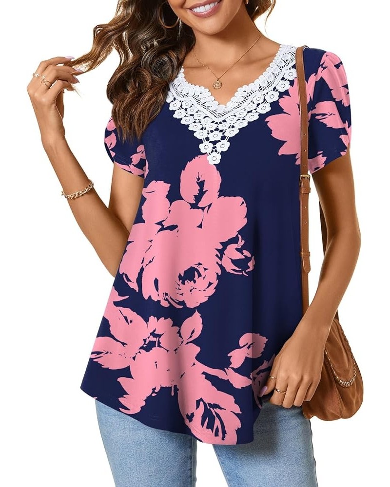 Women Summer Tunic Tops Short Sleeve T-Shirt V-Neck Crochet Lace Blouses Casual Pleated Pullover Rose Silhouette $13.24 Tops