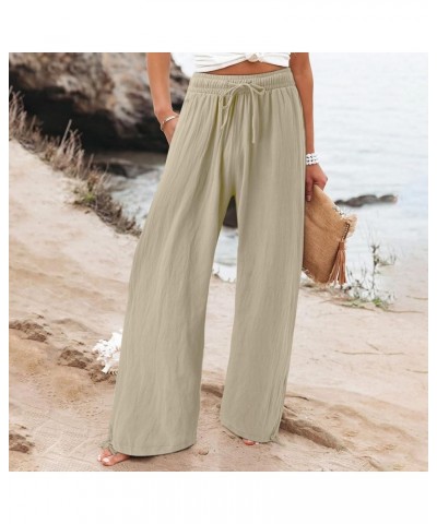 Cotton Linen Pants Womens Summer Wide Leg Elastic High Waisted Baggy Pants Casual Yoga Pants Trousers with Pocket A9928-khaki...