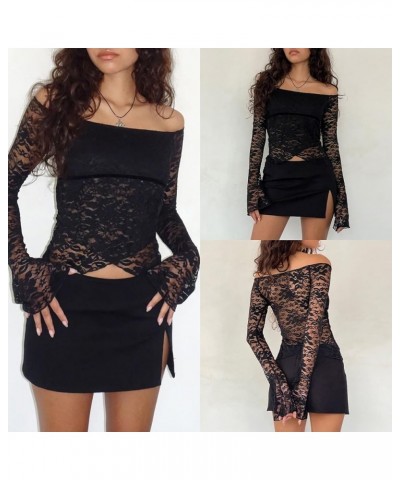 Women 2 Piece Skirt Set Y2K Lace Sexy Suit Going Out Bodycon Outfit Lounge Fairy Party Sets Streetwear Streetwear Black $11.3...