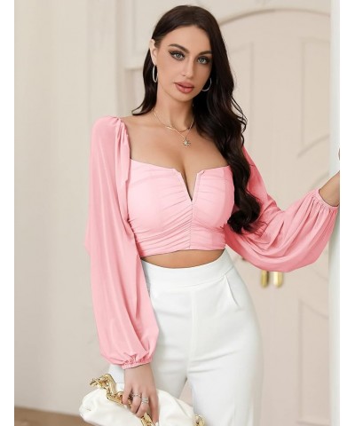 Women's Tops Ruched V Neck Casual Mesh Lantern Long Sleeve Crop Tops Blouse 11pink $10.91 Blouses