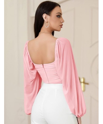 Women's Tops Ruched V Neck Casual Mesh Lantern Long Sleeve Crop Tops Blouse 11pink $10.91 Blouses