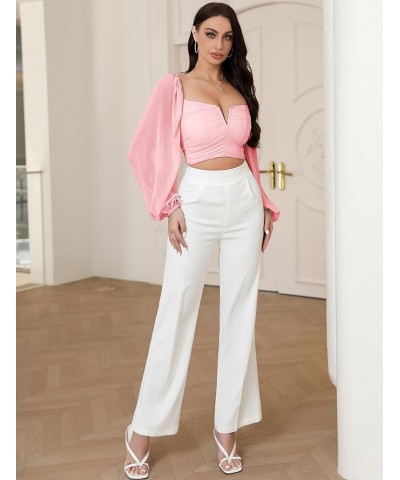 Women's Tops Ruched V Neck Casual Mesh Lantern Long Sleeve Crop Tops Blouse 11pink $10.91 Blouses