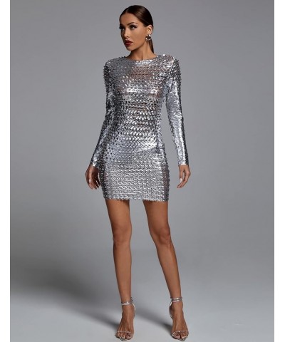 Sexy Mini Dress Party Club Dress for Women Elegant Long Sleeve Hollow Out Glitter Dresses Night Out Silver $32.44 Dresses