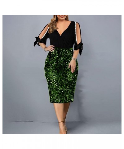 Women's Summer Dresses Large Size Sequin Mesh 5 Minutes Sleeve Waist Dress Sequined Neck Dress Dresses Green $10.85 Others