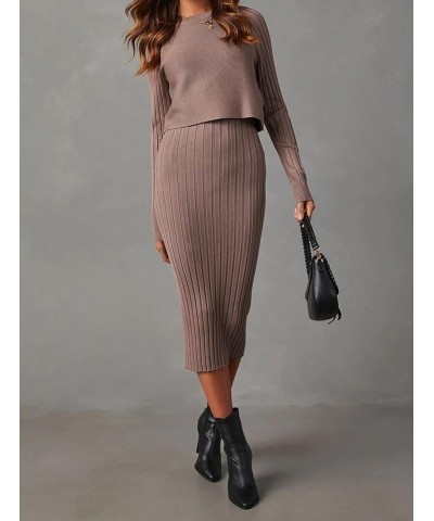 Women Long Sleeve Sweater Dress Two Piece Outfits Crewneck Rib Knit Crop Sweater And Tank Bodycon Midi Dress Sets Khaki $17.1...