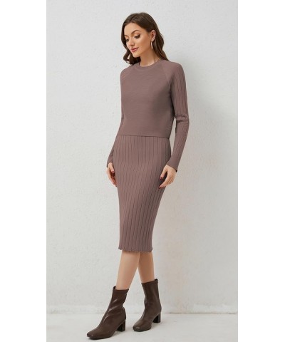 Women Long Sleeve Sweater Dress Two Piece Outfits Crewneck Rib Knit Crop Sweater And Tank Bodycon Midi Dress Sets Khaki $17.1...