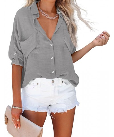 Womens Button Down Shirts V Neck Casual Long Sleeve Roll Up Loose Plain Blouses Tops with Pockets Grey $19.03 Blouses