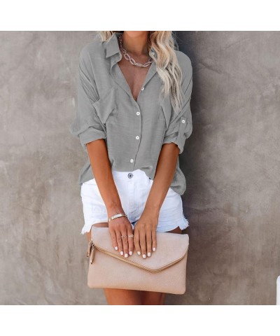 Womens Button Down Shirts V Neck Casual Long Sleeve Roll Up Loose Plain Blouses Tops with Pockets Grey $19.03 Blouses