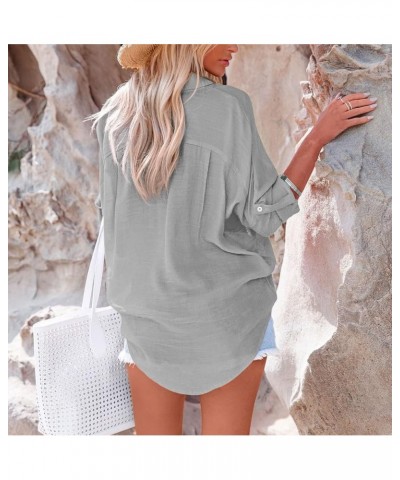 Womens Button Down Shirts V Neck Casual Long Sleeve Roll Up Loose Plain Blouses Tops with Pockets Grey $19.03 Blouses