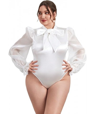 Women's Plus Size Tie Neck Contrast Mesh Flounce Long Sleeve Elegant Bodysuit Tops White $22.61 Bodysuits