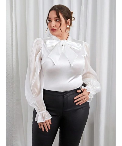 Women's Plus Size Tie Neck Contrast Mesh Flounce Long Sleeve Elegant Bodysuit Tops White $22.61 Bodysuits