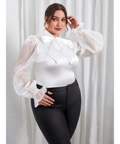 Women's Plus Size Tie Neck Contrast Mesh Flounce Long Sleeve Elegant Bodysuit Tops White $22.61 Bodysuits